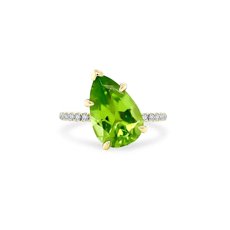 Women's rings spiral-Offset Pear Cut Peridot Solitaire on Diamond Band