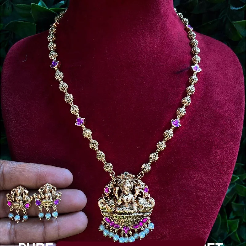 Women's necklaces creative-gem-Royal Kundan Jewellery Gold Plated Pota Stone And Pearls Temple Necklace Set