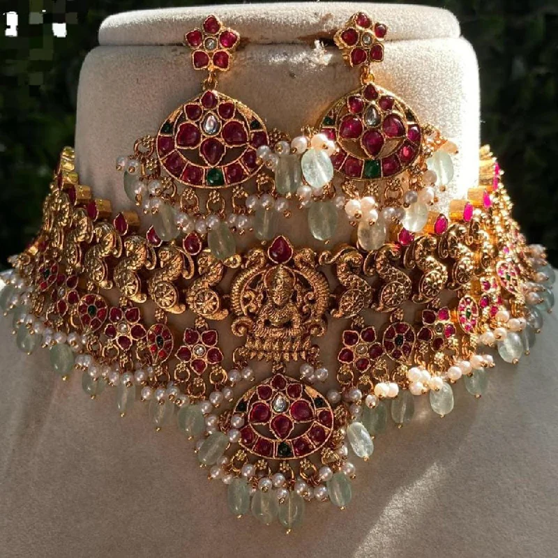 Women's necklaces fine-rose-chain-Shagna Gold Plated Kundan Stone Pearl And Beads Temple Choker Necklace Set