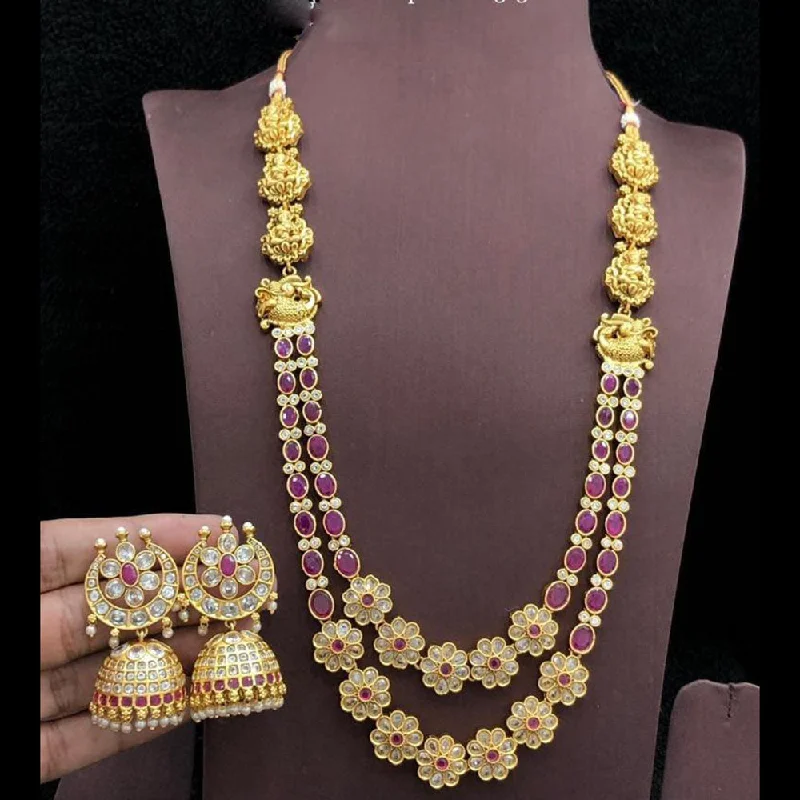 Women's necklaces evening-ready-Manisha Jewellery Gold Plated Crystal And Pota Stone Temple Long Necklace Set