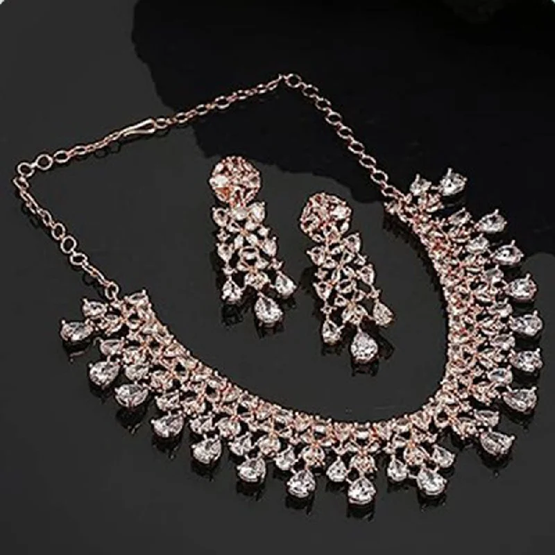 Women's necklaces green-Beeji Creations Rose Gold Plated American Diamonds Necklace Set