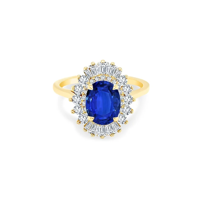 Women's rings striking-design-Oval Cut Sapphire with Sunburst Halo