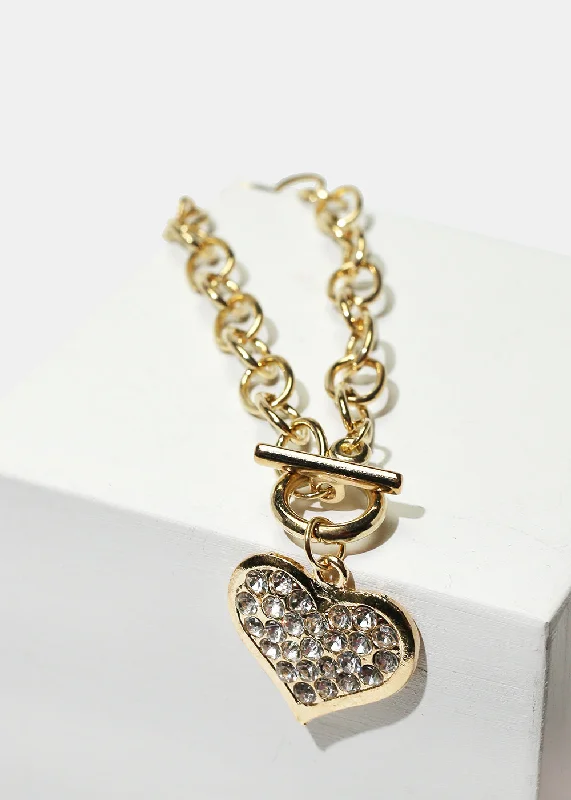 Women's bracelets refined-silver-Rhinestone Heart Charm Gold Bracelet