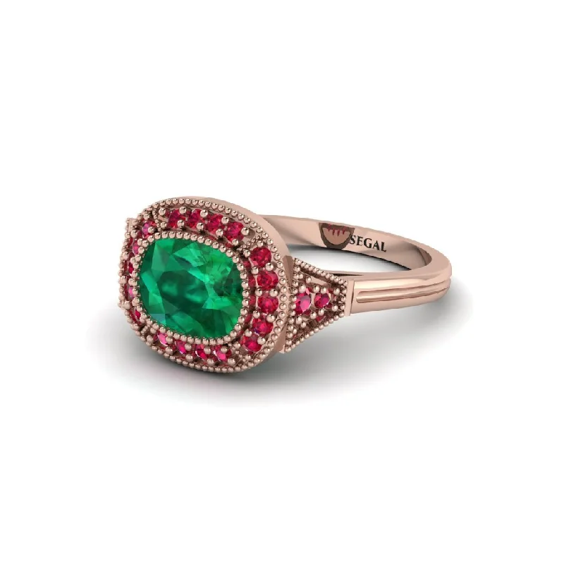 Women's engagement rings strong-metal-Cushion Cut Emerald Milgrain Halo Engagement Ring - Blake No. 50