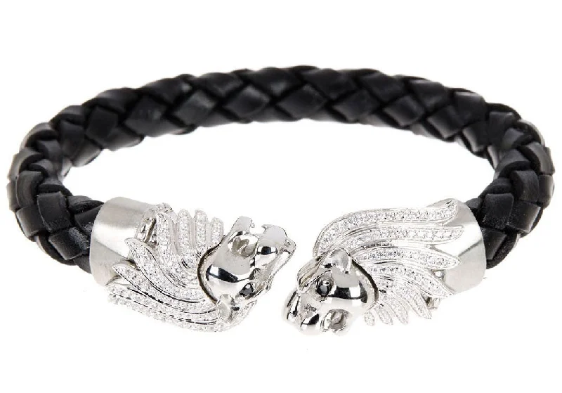 Women's bracelets striking-gemstone-Mens Black Leather Stainless Steel Lion Bracelet With Cubic Zirconia