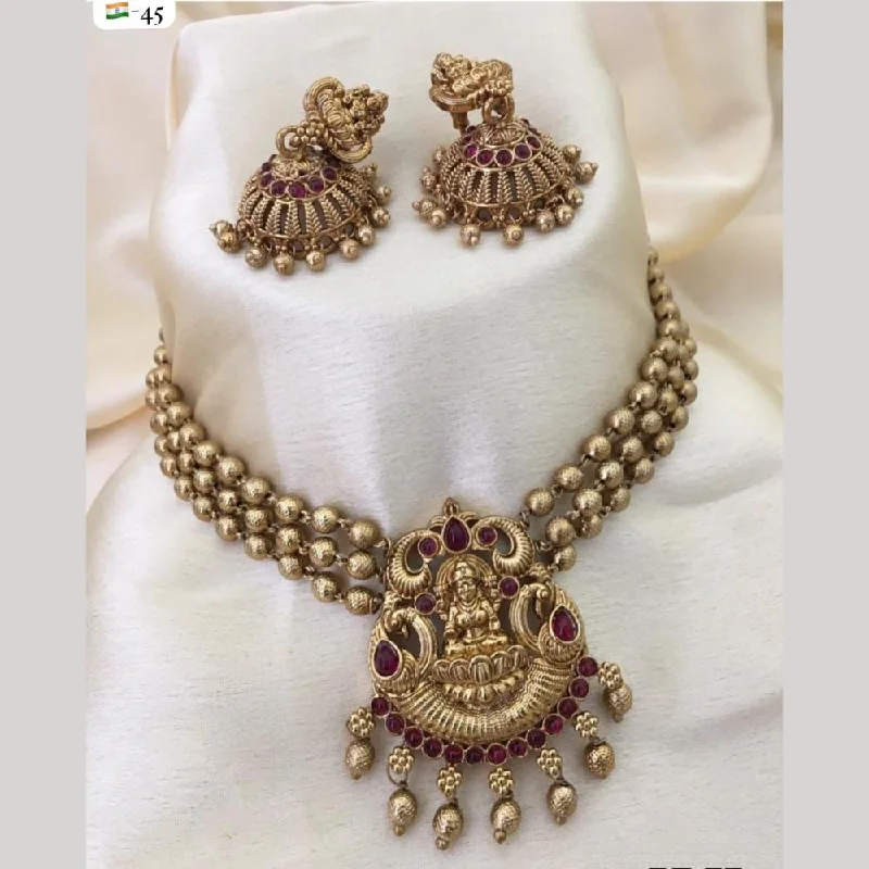 Women's necklaces radiant-gem-FS Collection Gold Plated Pota Stone Temple And Pearls Choker Necklace Set