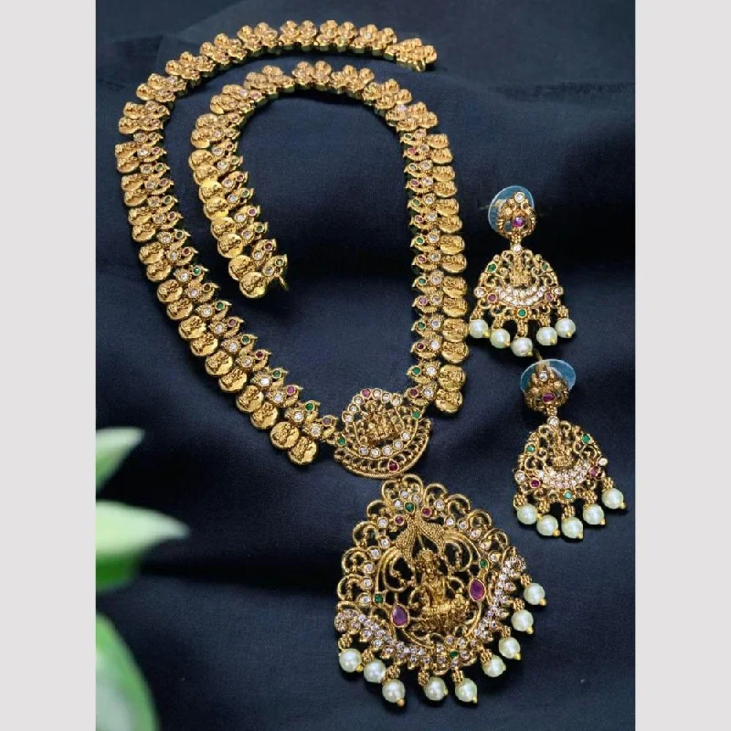 Women's necklaces love-gem-Sona Creation Gold Plated Pota Stone And Pearls Temple Necklace Set