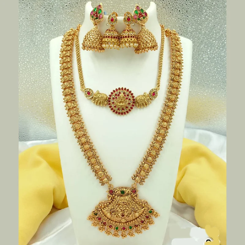 Women's necklaces contemporary-gem-Joyful Jewel Art Matte Gold Plated Pota Stone Temple Long Necklace Combo