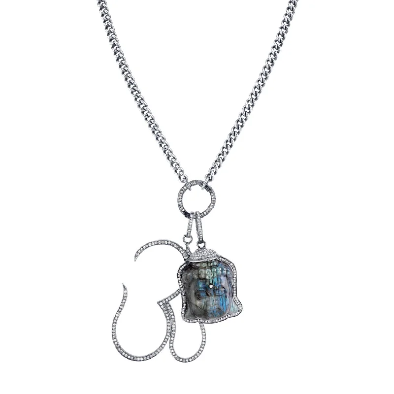 Women's necklaces contemporary-twist-Om and Labradorite Buddha Curb Chain Necklace  N0000319