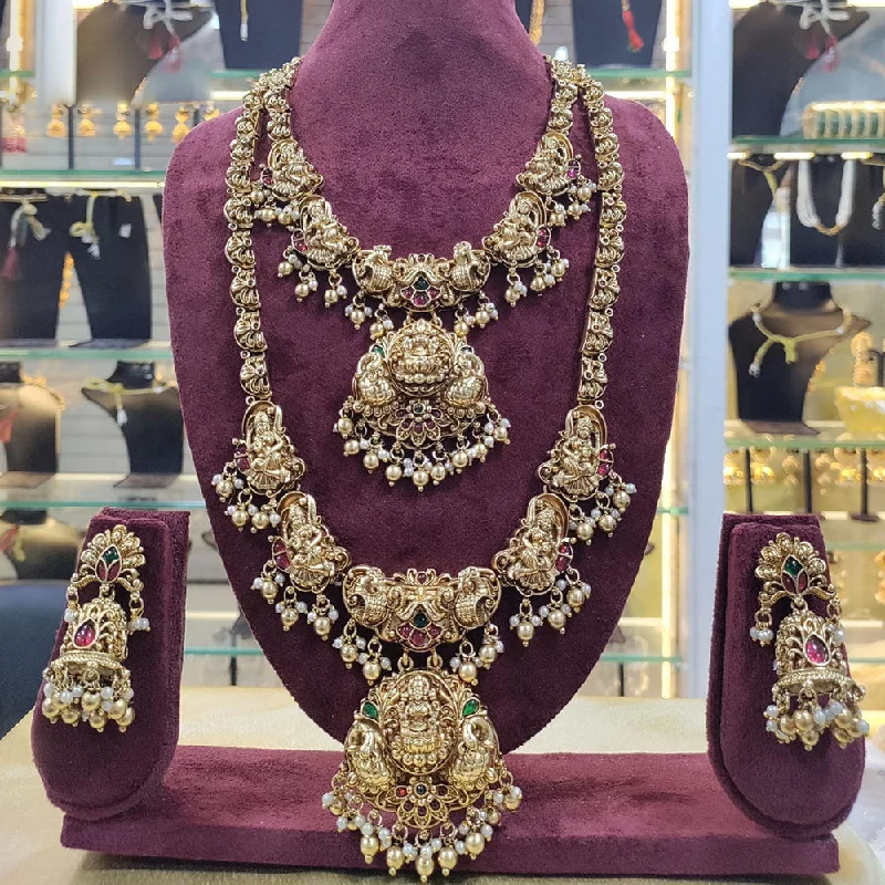 Women's necklaces creative-chic-Manisha Jewellery Gold Plated Pota Stone And Pearls Temple Double Necklace Set