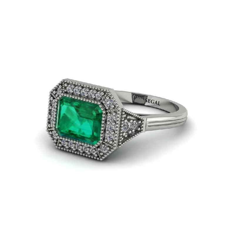 Women's engagement rings hand-set-Emerald Cut Emerald Milgrain Halo Engagement Ring - Juniper No. 6