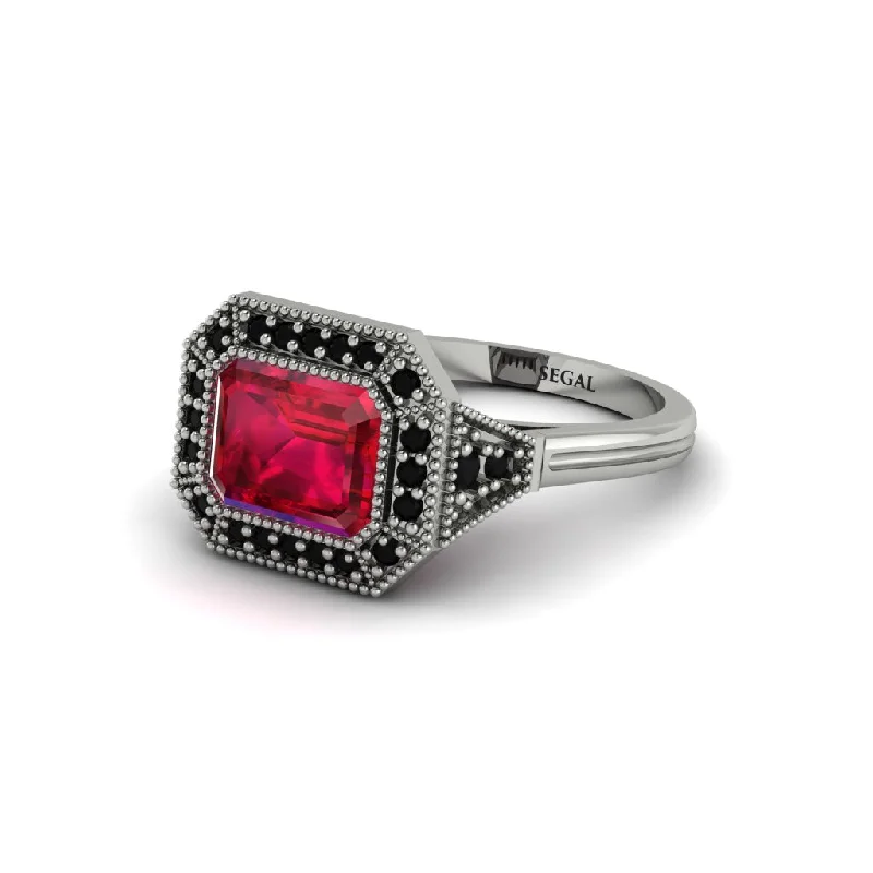 Women's engagement rings hand-crafted-Emerald Cut Ruby Milgrain Halo Engagement Ring - Juniper No. 42