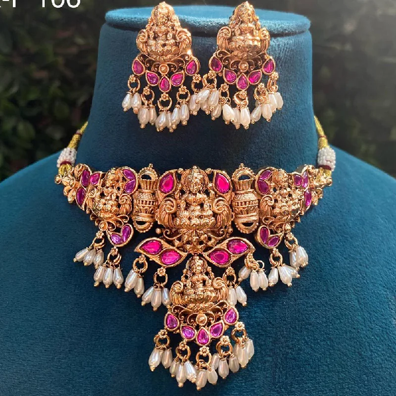 Women's necklaces soft-style-Royal Kundan Jewellery Gold Plated Pota Stone And Pearls Temple Choker Necklace Set