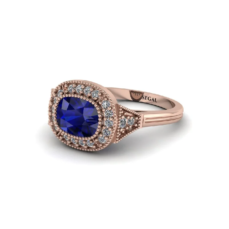 Women's engagement rings radiant-gemstone-Cushion Cut Sapphire Milgrain Halo Engagement Ring - Blake No. 14