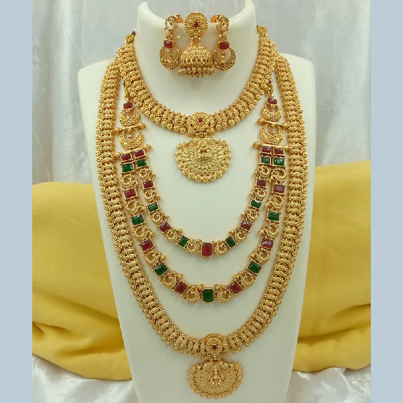 Women's necklaces refined-elegance-Joyful Jewel Art Matte Gold Plated Pota Stone Temple Long Necklace Combo