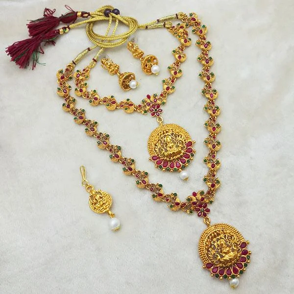 Women's necklaces artisan-style-Darshana Jewels Maroon Stone Double Gold Plated Necklace Set