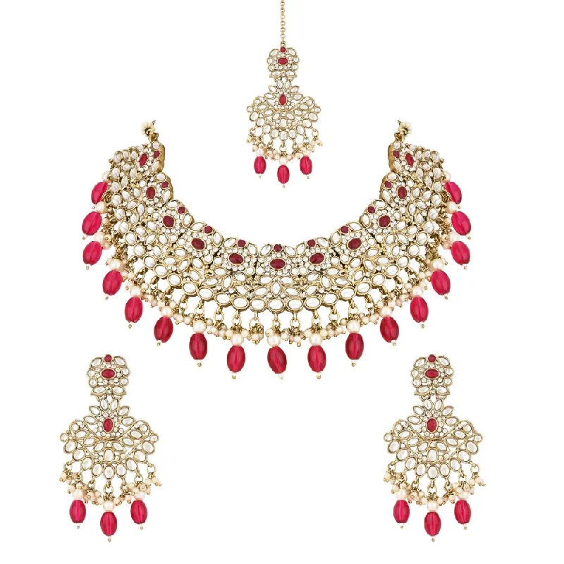 Women's necklaces creative-chic-Etnico Gold Plated Traditional Kundan Pearl Drop Bridal Choker Necklace With Chandbali Earrings & Maang Tikka Jewellery Set For Women/Girls (K7257Q)