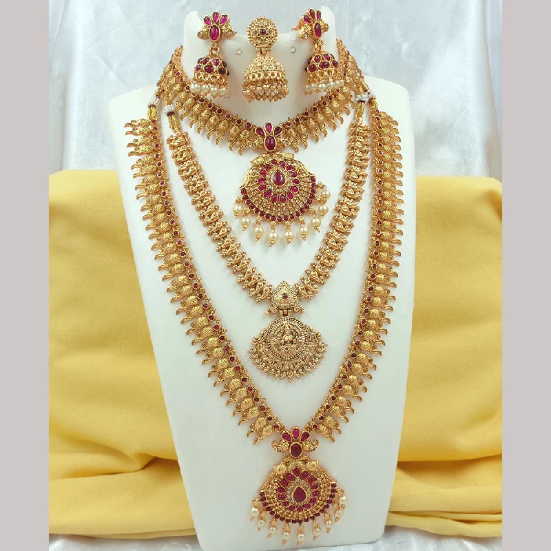 Women's necklaces holiday-gem-Joyful Jewel Art Matte Gold Plated Pota Stone Temple Long Necklace Combo