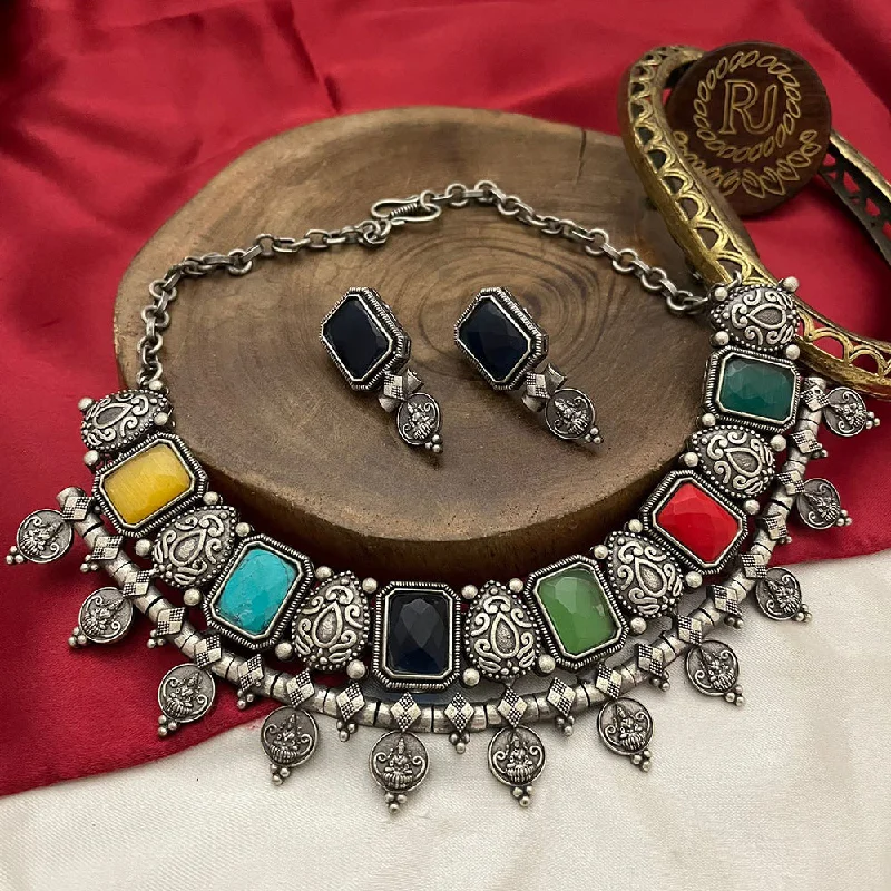 Women's necklaces artisan-chain-FS Collection Oxidised Plated Crystal Stone Temple Necklace Set