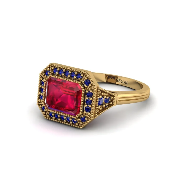 Women's engagement rings celebration-Emerald Cut Ruby Milgrain Halo Engagement Ring - Juniper No. 70