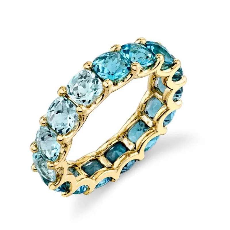 Women's rings fine-gemstone-18K Yellow Gold Graduated Blue Topaz Eternity Band