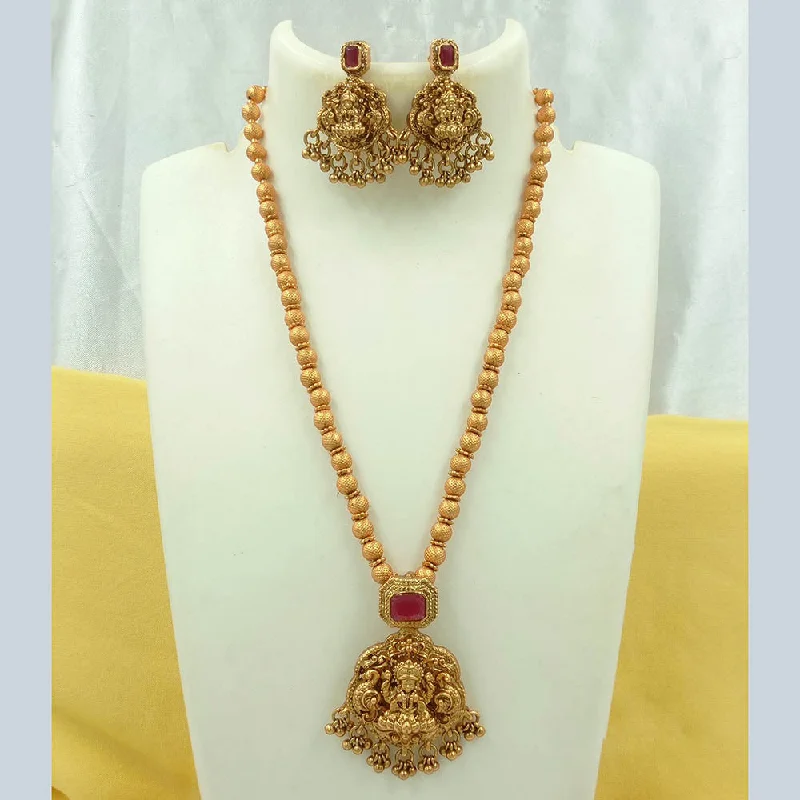 Women's necklaces evening-chic-Joyful Jewel Art Matte Gold Plated Crystal Stone And Temple Long Necklace Set